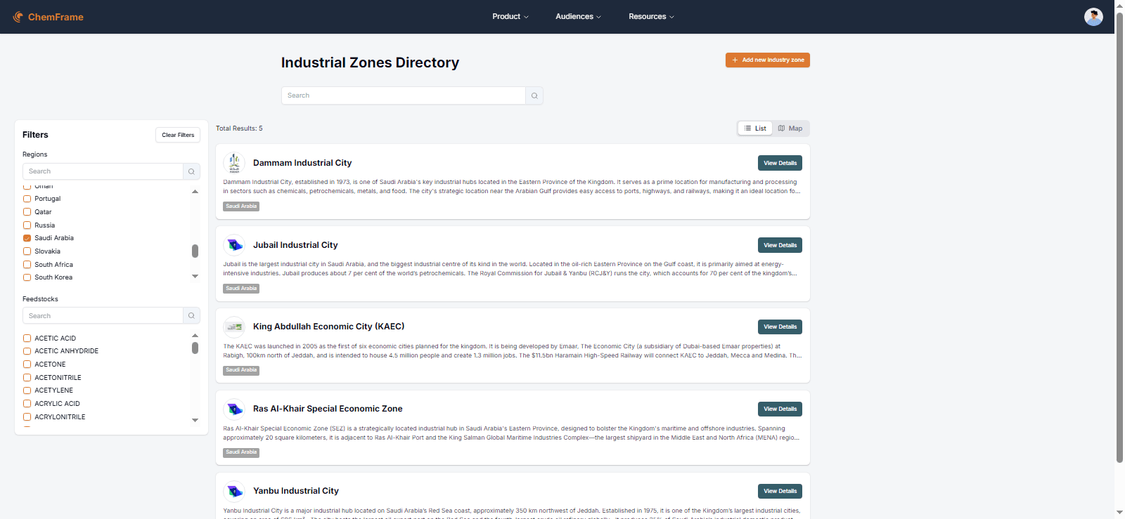 ChemFrame industrial zones directory with filters